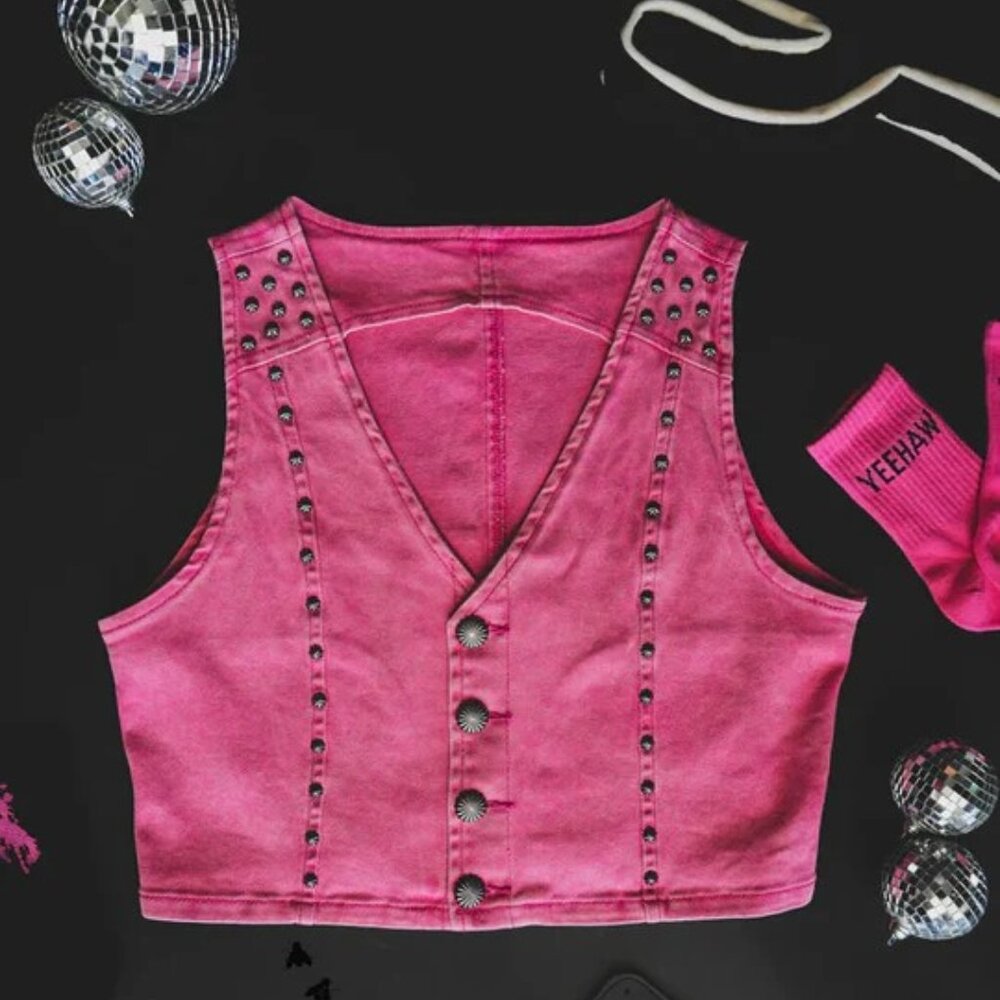 Pink Studded Denim Vest